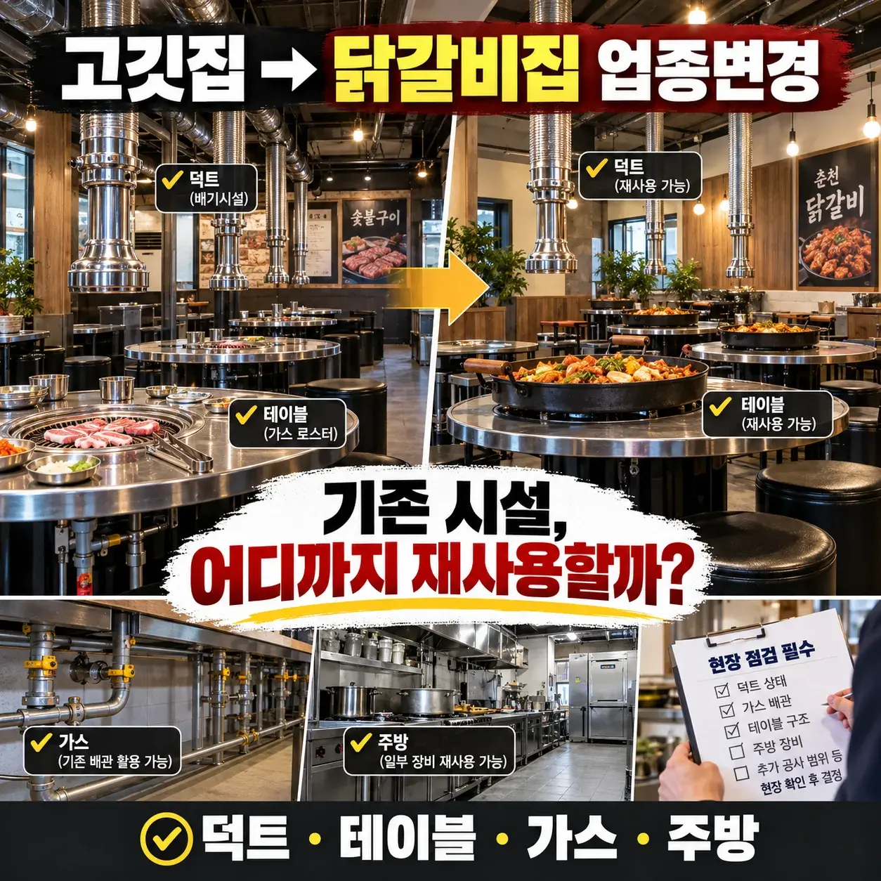 고깃집에서 닭갈비집으로 바꿀 때 재사용 가능한 시설 대표 이미지