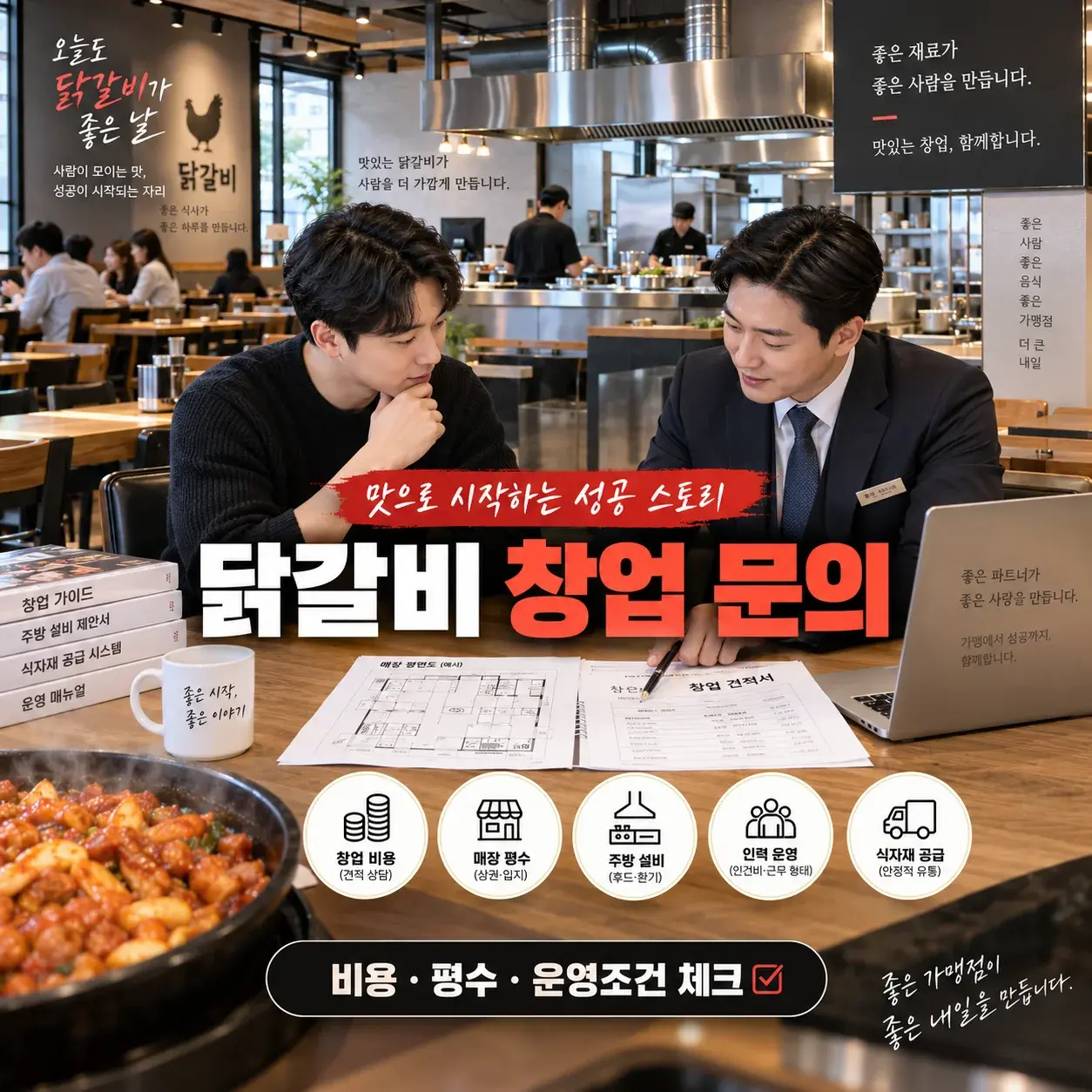 닭갈비 창업 문의 전 비용과 평수 운영조건을 확인하는 상담 장면